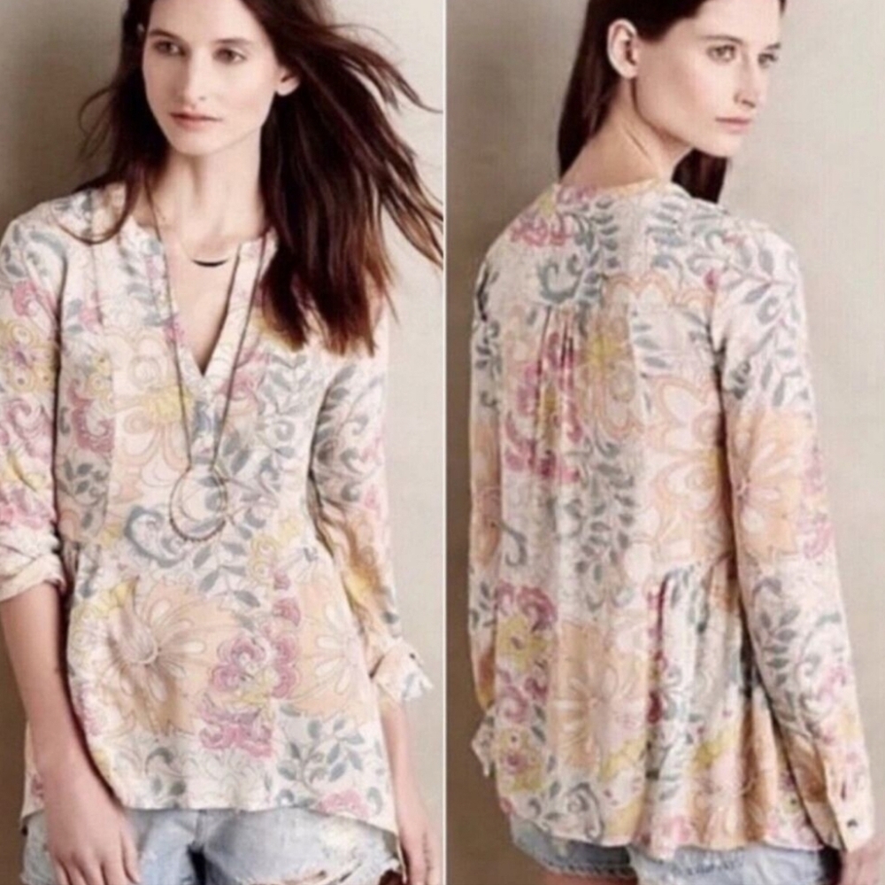 Maeve Anthropologie Laiken Floral V-Neck Pullover Boho Top Size 2 Multicolor
